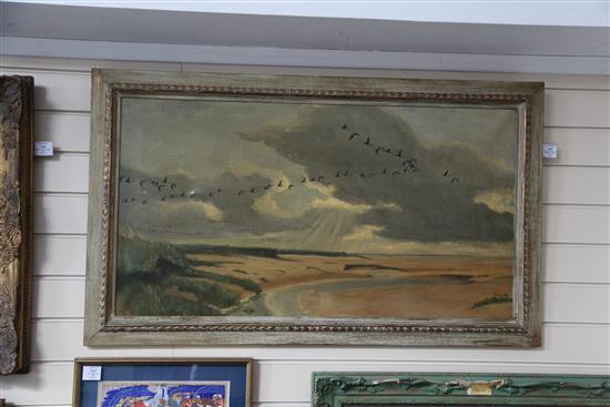 Peter Scott (1909-1989), oil on canvas, Geese in flight over the Solway Firth, 21 x 39in